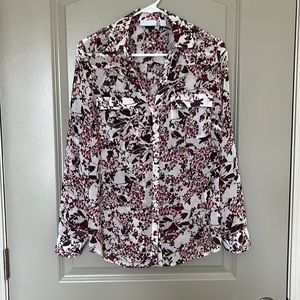 NY co sheer button down blouse. Burgundy and white with breast pockets. Medium